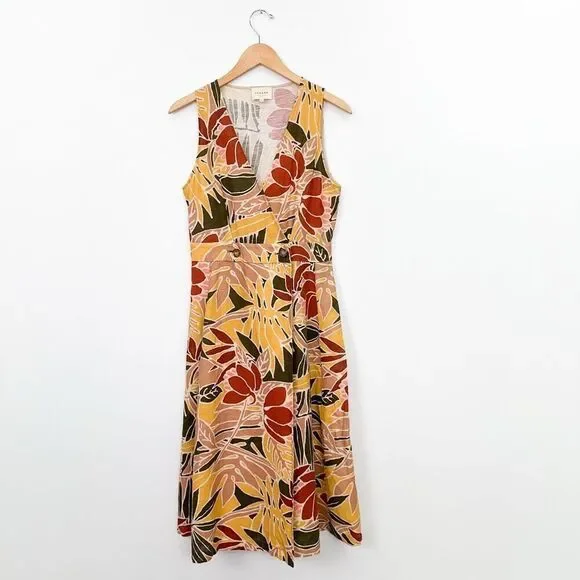 Sezane Women’s Mathilda Linen Blend Wrap Midi Dress Multicolor Tropical Floral - Picture 2 of 11